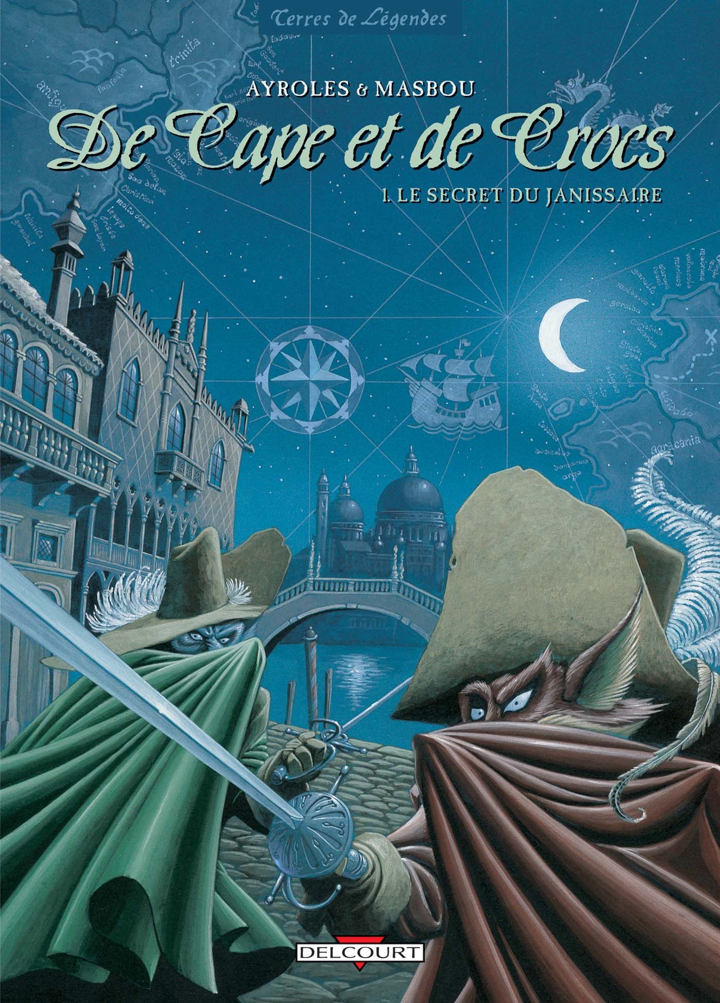 Couverture du livre "De Cape et de Crocs - Tome 01" de Ayroles (Alain Ayroles), Masbou (Jean-Luc Masbou) Éditeur Delcourt
